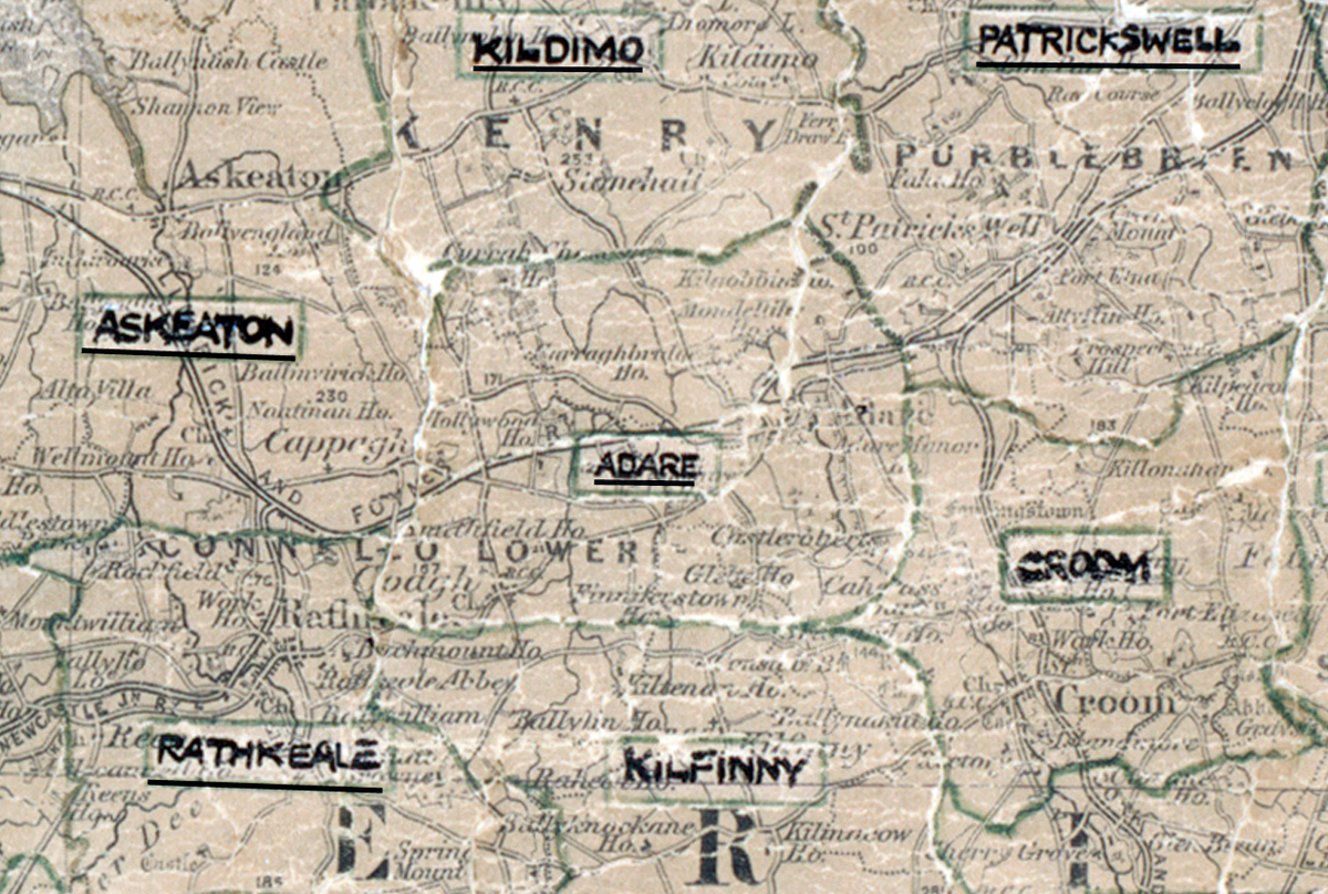 A  scanned, worn historical map from the 1940s of the  rural electrification area around Adare. A  hand‑drawn boundary outlines the region.
