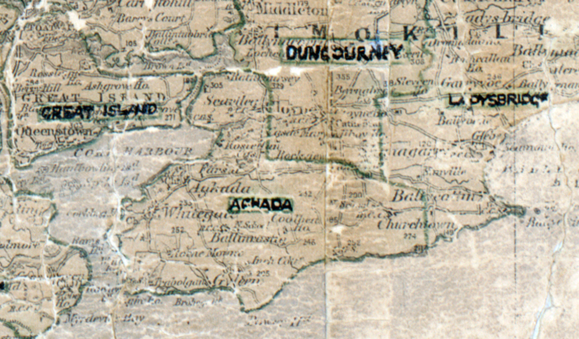 A scanned, worn historical map from the 1940s of the  rural electrification area around Aghada. A  hand‑drawn boundary outlines the region.