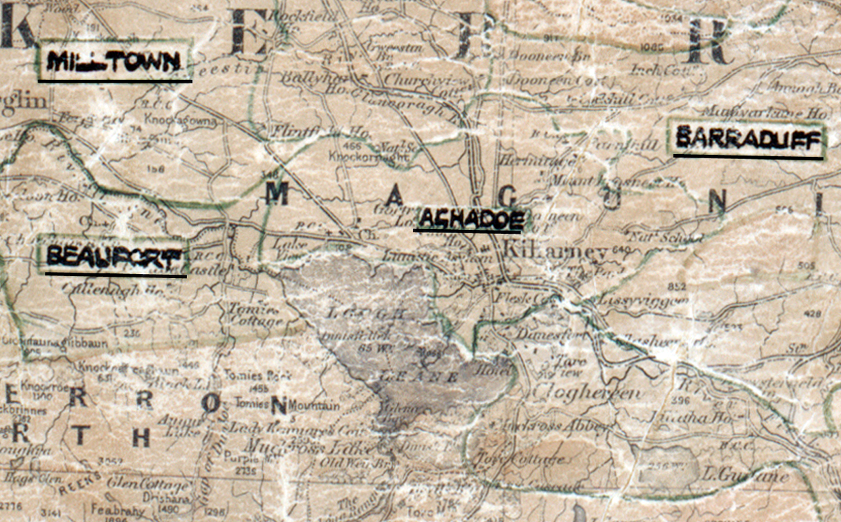 A scanned, worn historical map from the 1940s of the  rural electrification area around Aghadoe. A hand‑drawn boundary outlines the region, including Milltown, Beaufort and Barraduff.