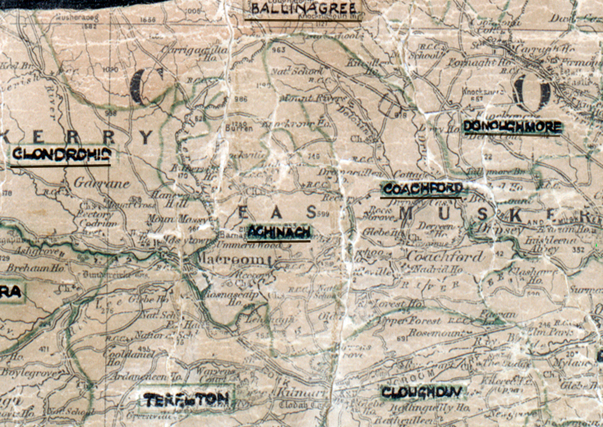 A scanned, worn historical map from the 1940s of the  	rural electrification area around Aghinagh. A hand‑drawn boundary outlines the region, including Ballinagree, Clondrohid, Donoughmore, Terelton and Cloughduv.