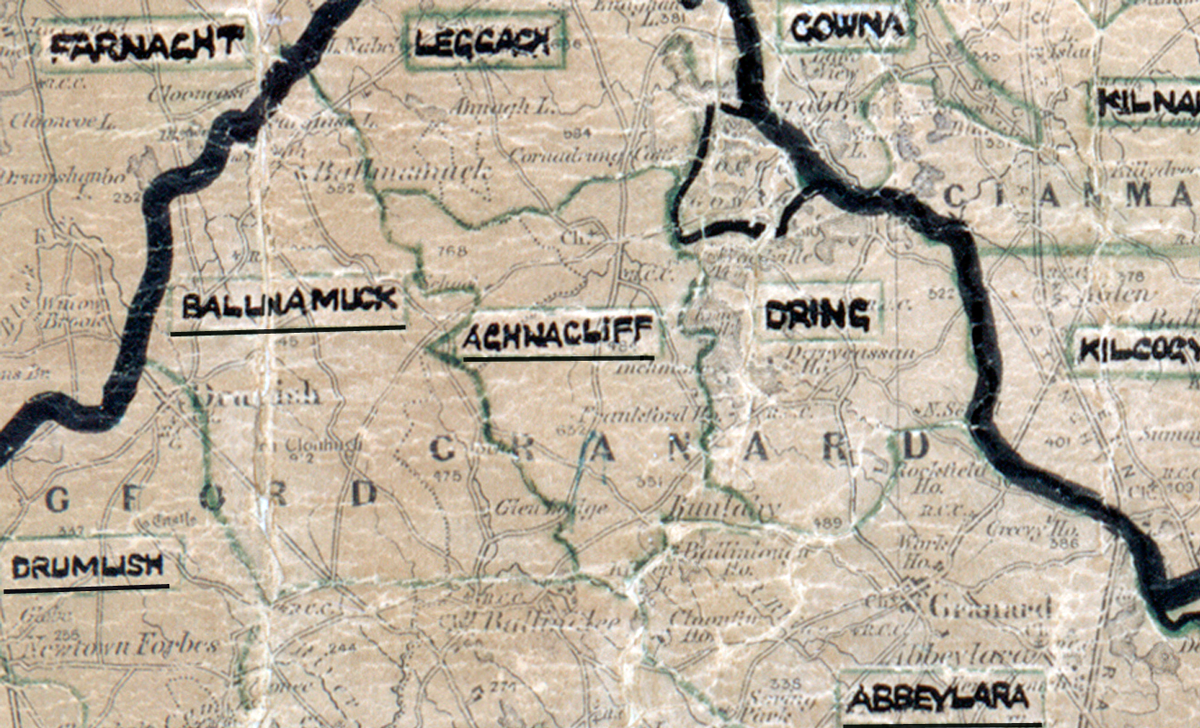A  scanned, worn historical map from the 1940s of the  rural electrification area around Aghnacliffe. A  hand‑drawn boundary outlines the region.