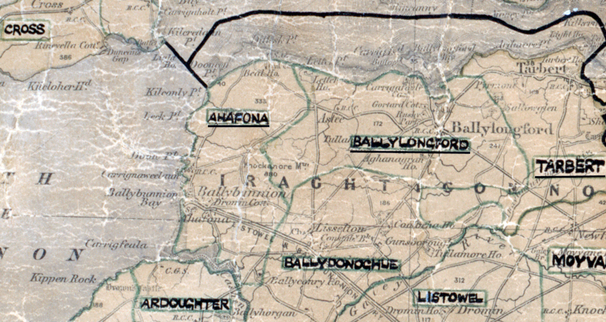 A scanned, worn historical map from the 1940s of the  rural electrification area around Ahafona. A hand‑drawn boundary outlines the region, including Cross, Ballylongford, Tarbert, Ballymacelligot, Listowel and Ardoughter.