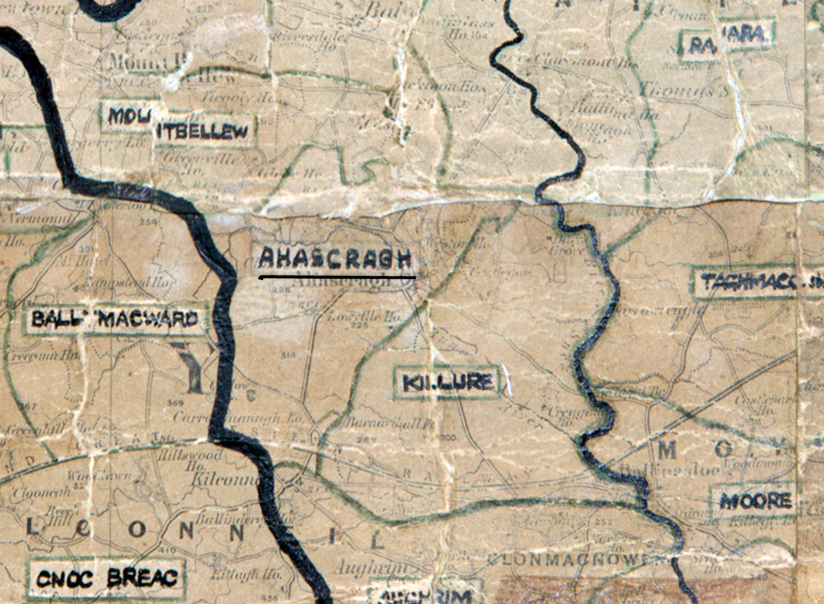 A  scanned, worn historical map from the 1940s of the  rural electrification area around Aahascragh. A  hand‑drawn boundary outlines the region.
