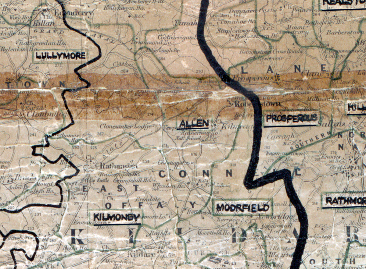 A scanned, worn historical map from the 1940s of the  	rural electrification area around Allen. A hand‑drawn boundary outlines the region, including Lullymore, Kilmoney, Prosperous, Rathmore and Moorfield.