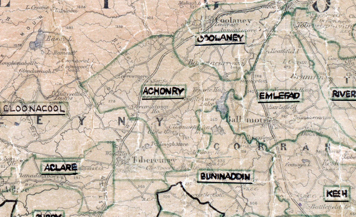 A scanned, worn historical map from the 1940s of the  rural electrification area around Achonry. A  hand‑drawn boundary outlines the region, including  Cloonacool, Emlefad, Riverstown, Aclare, Bunninadden and Kesh.