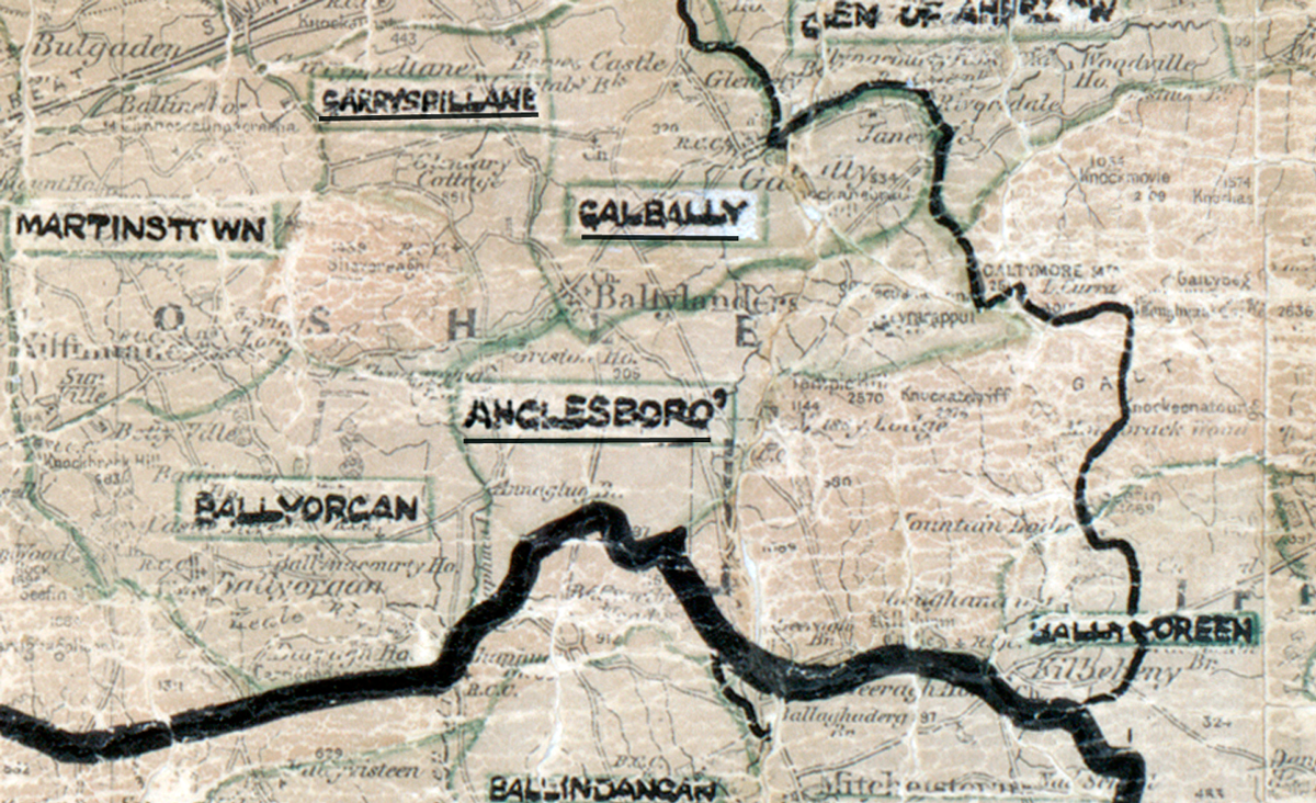 A scanned, worn historical map from the 1940s of the rural electrification area around Anglesboro. A hand‑drawn boundary outlines the region, including Galbally and Ballyorgan.