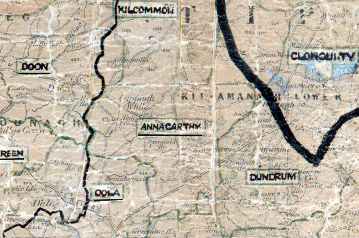 A scanned, worn historical map from the 1940s of the rural electrification area around Annacarty. A hand‑drawn boundary outlines the region, including Oola, Durum and milcommow.”