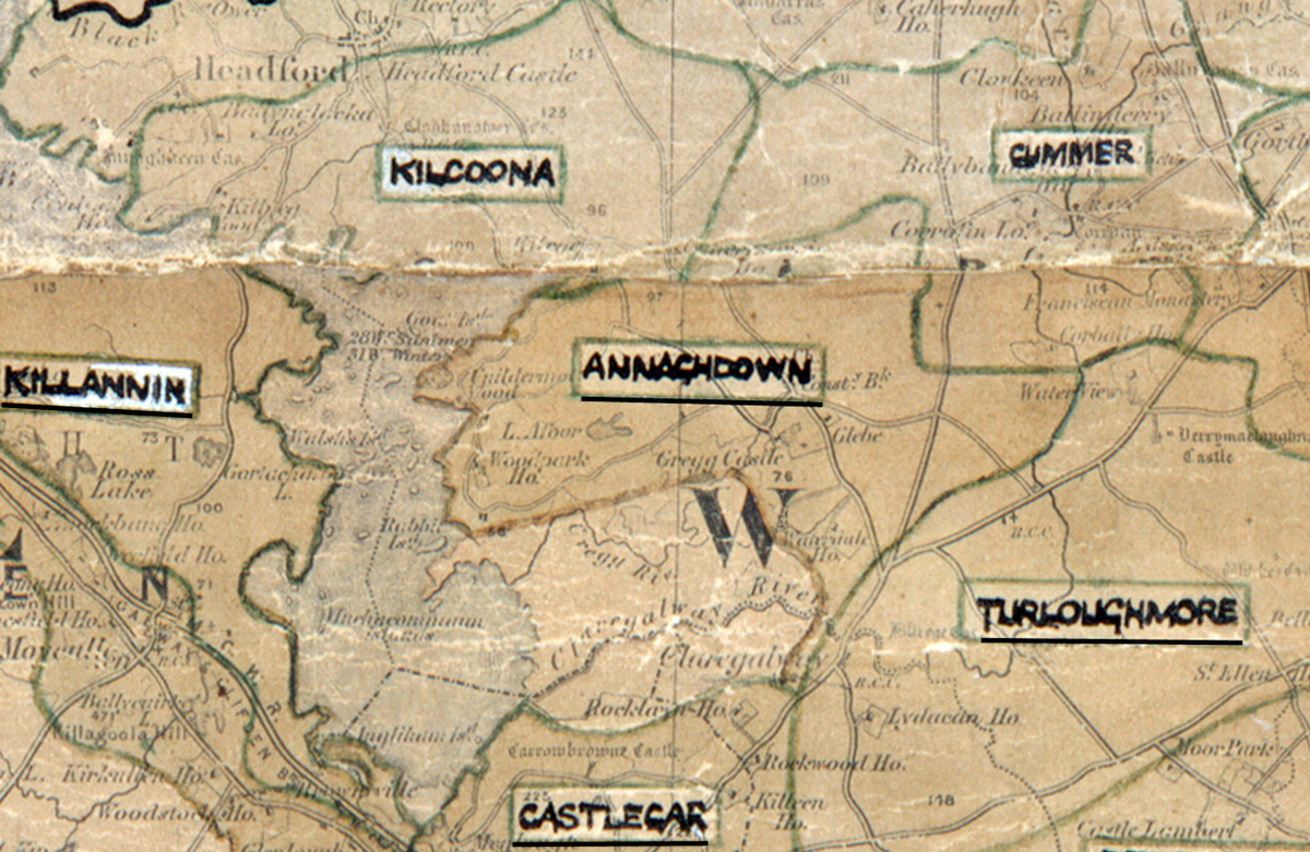 A scanned, worn historical map from the 1940s of the  rural electrification area around Annaghdown. A  hand‑drawn boundary outlines the region.