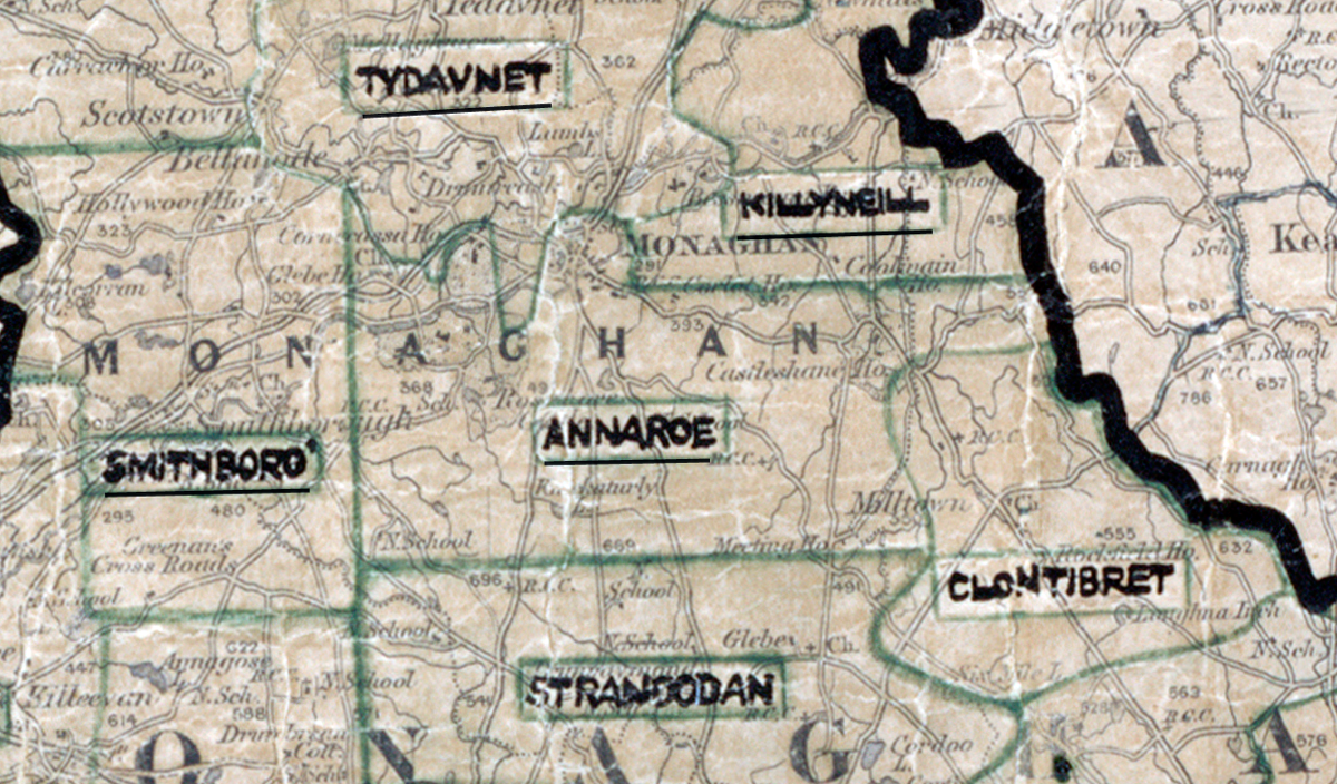 A scanned, worn historical map from the 1940s of the rural electrification area around Annore.. A hand‑drawn boundary outlines the region, including Smithbord and Tydavnet.