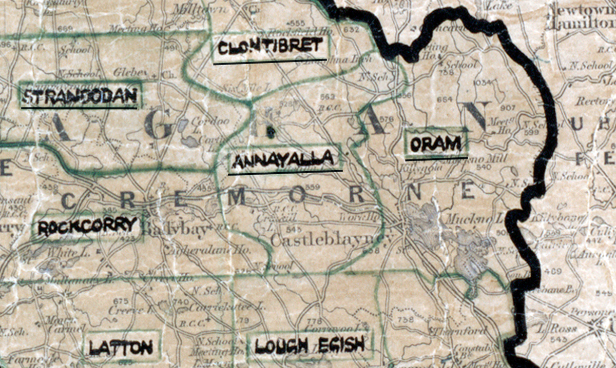 A scanned, worn historical map from the 1940s of the rural electrification area around Annayalla. A hand‑drawn boundary outlines the region, including Oram and Strandodan.