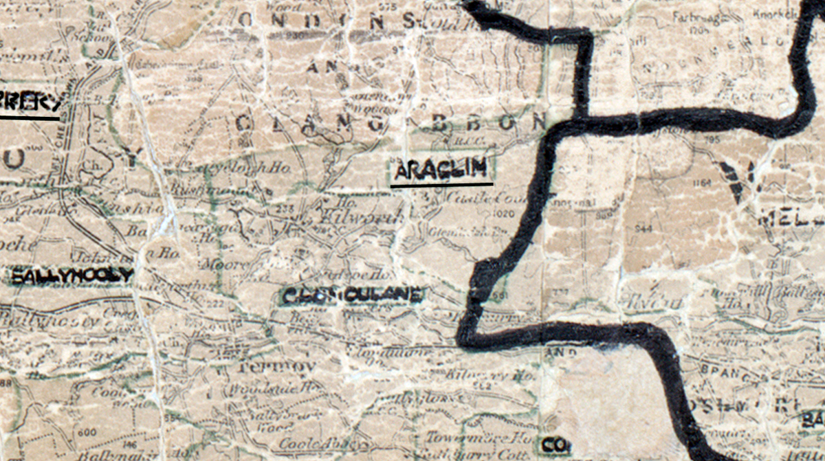 A scanned, worn historical map from the 1940s of the  rural electrification area around Araglin. A  hand‑drawn boundary outlines the region, including  Ballyhooley, Clondulane, and Ballyhooley.