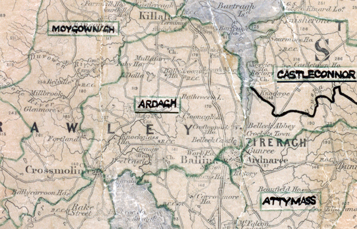 A scanned, worn historical map from the 1940s of the rural electrification area around Ardagh. A hand‑drawn boundary outlines the region, including Attymass.