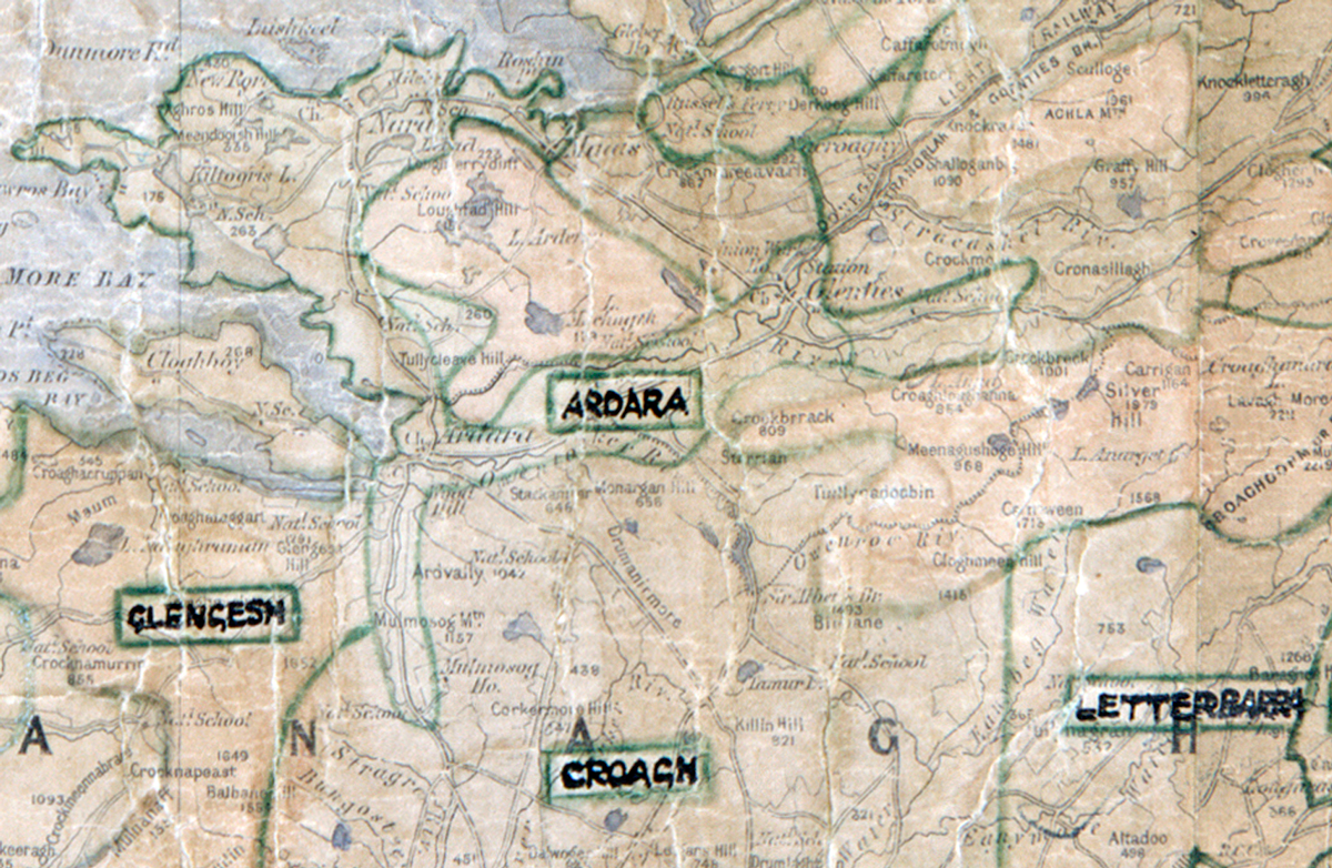 A  scanned, worn historical map from the 1940s of the  rural electrification area around Ardara. A  hand‑drawn boundary outlines the region.