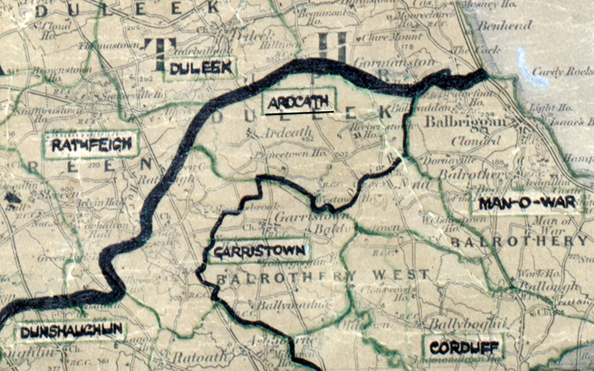 A scanned, worn historical map from the 1940s of the rural electrification area around Ardcath. A hand‑drawn boundary outlines the region, including Garristown, Man O' War and Duleek.