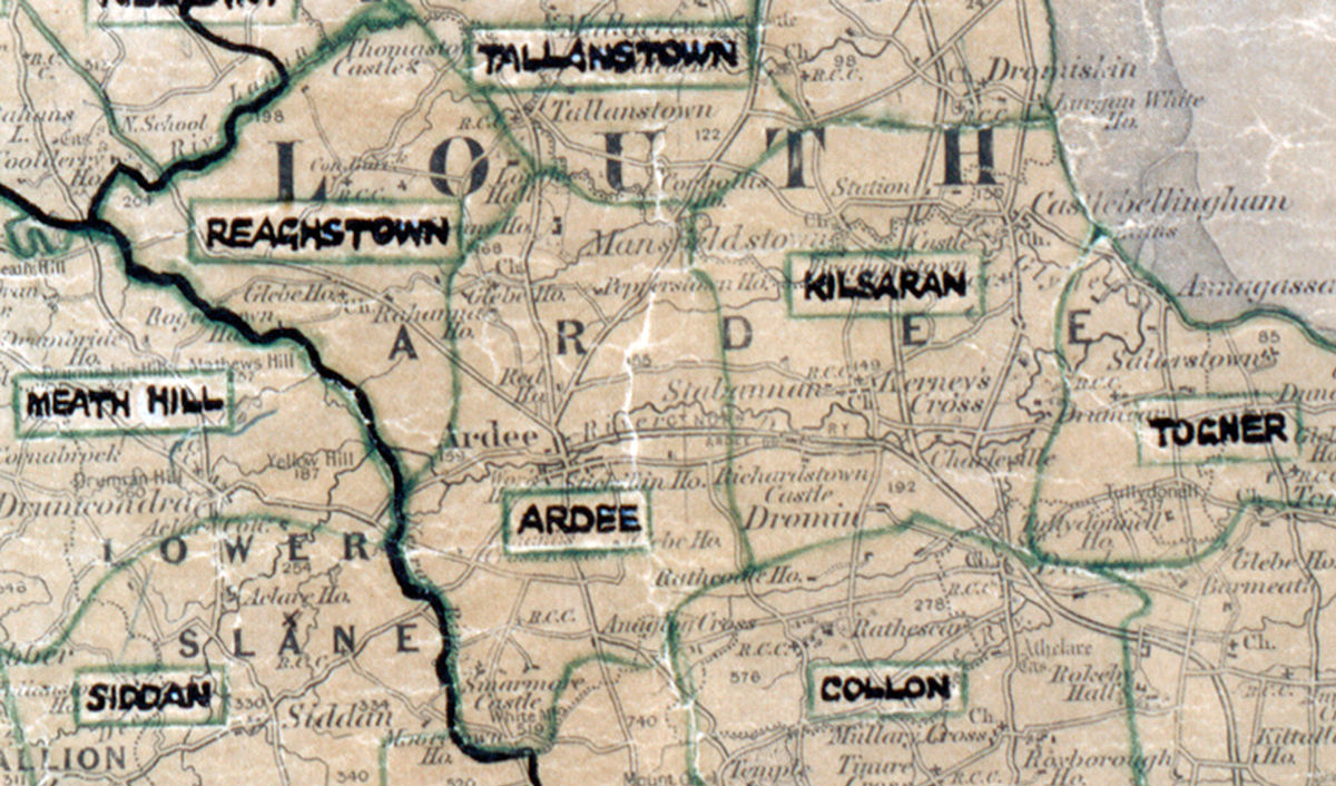 A  scanned, worn historical map from the 1940s of the  rural electrification area around Ardee. A  hand‑drawn boundary outlines the region.