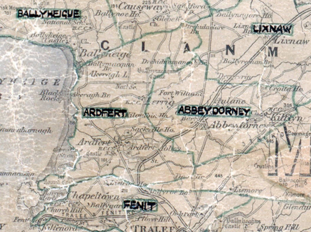 A scanned, worn historical map from the 1940s of the  rural electrification area around Ardfert. A hand‑drawn boundary outlines the region, including Ballyheigue, Lixnaw, Abbeydorney and Fenit.