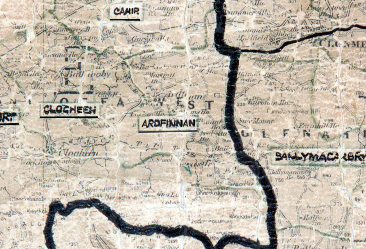 A scanned, worn historical map from the 1940s of the rural electrification area around Ardfinnan. A hand‑drawn boundary outlines the region, including Glogheen