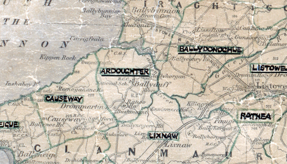 A scanned, worn historical map from the 1940s of the  rural electrification area around Ardoughter. A hand‑drawn boundary outlines the region, including Causeway, Rathea, Ballydonoghue, Listowel, Lixnaw and Rathea.