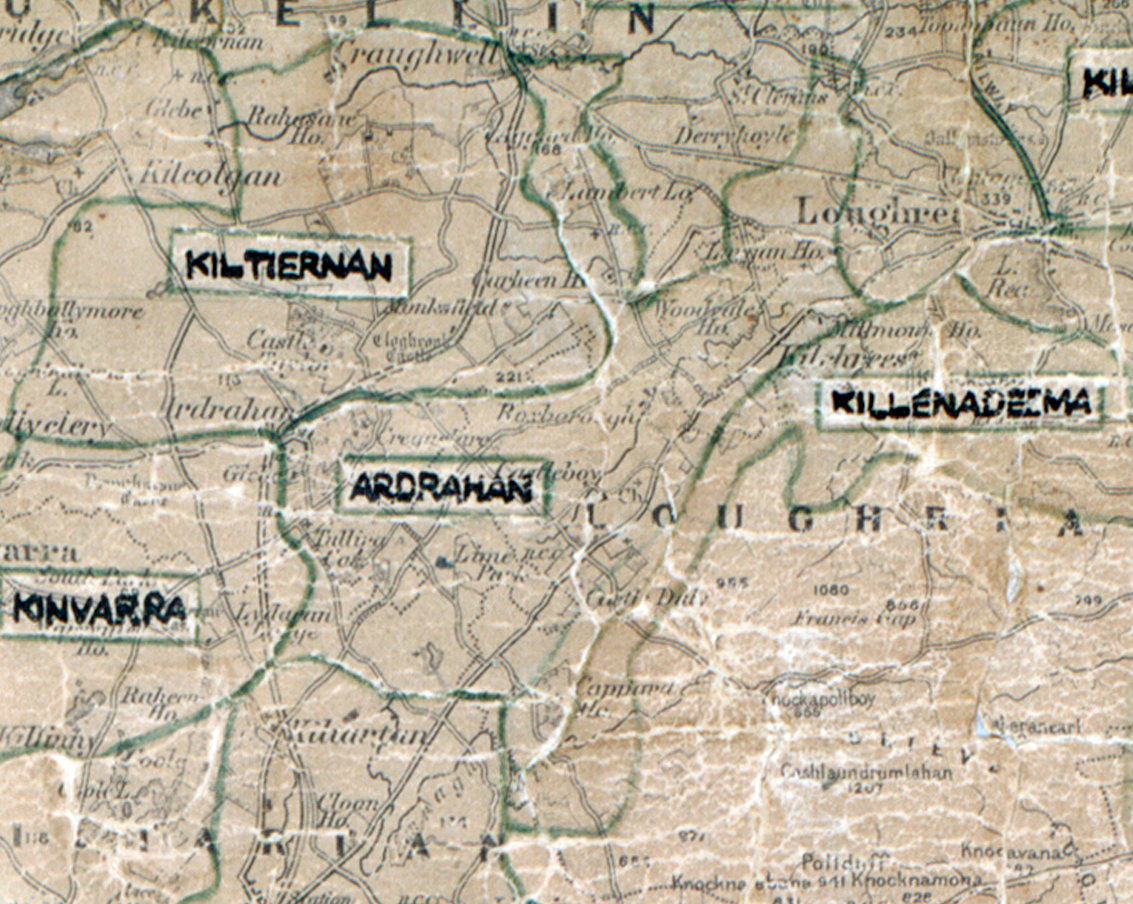 A scanned, worn historical map from the 1940s of the  rural electrification area around Ardrahan. A  hand‑drawn boundary outlines the region.