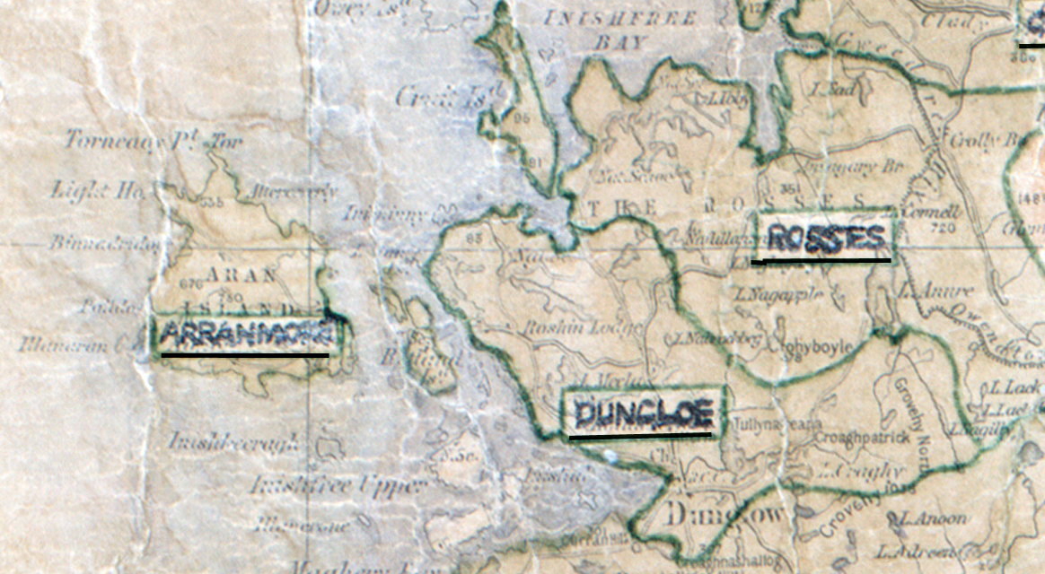 A scanned, worn historical map from the 1940s of the  rural electrification area around Arranmore. A  hand‑drawn boundary outlines the region.