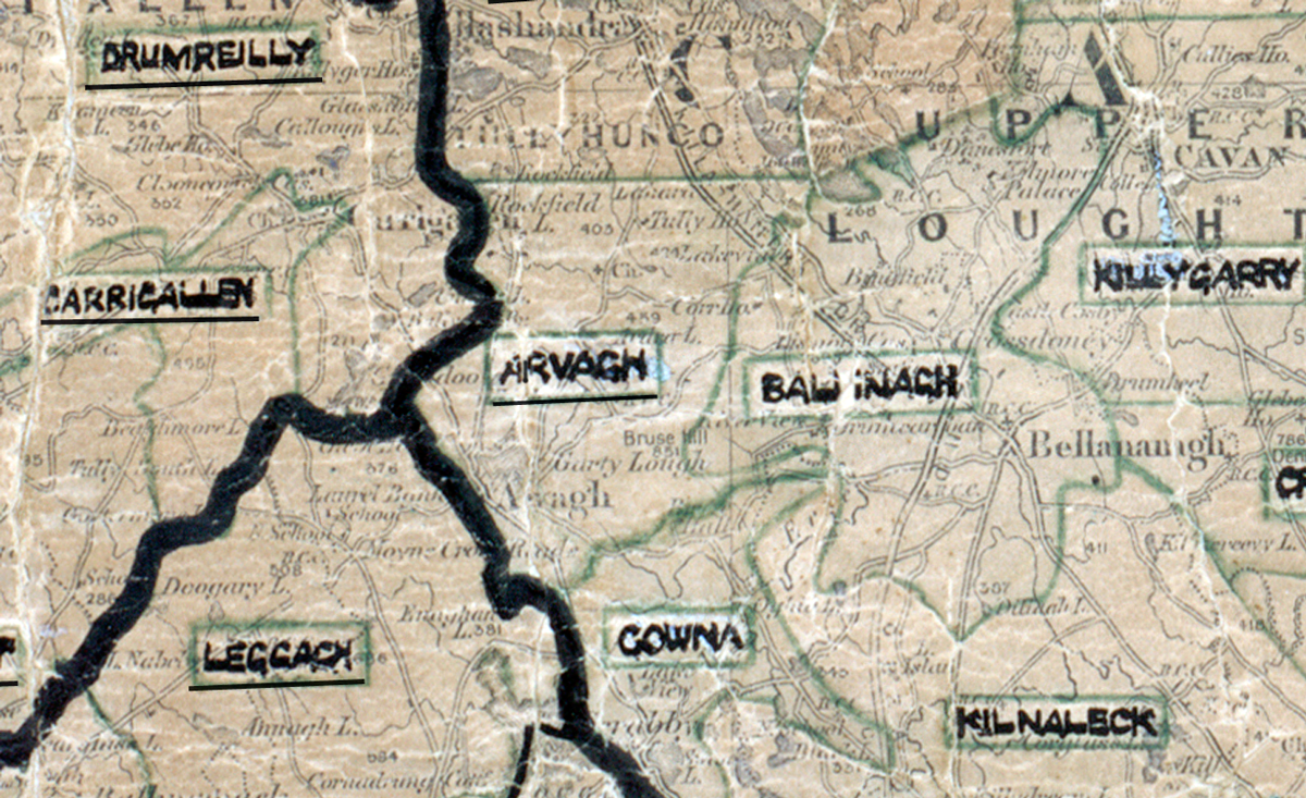 A scanned, worn historical map from the 1940s of the  rural electrification area around Arva. A  hand‑drawn boundary outlines the region.