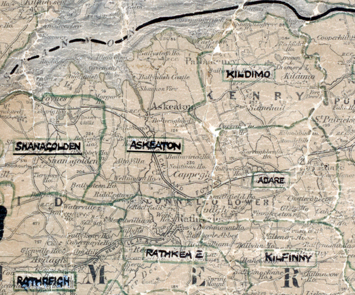 A scanned, worn historical map from the 1940s of the  rural electrification area around Askeaton. A  hand‑drawn boundary outlines the region.