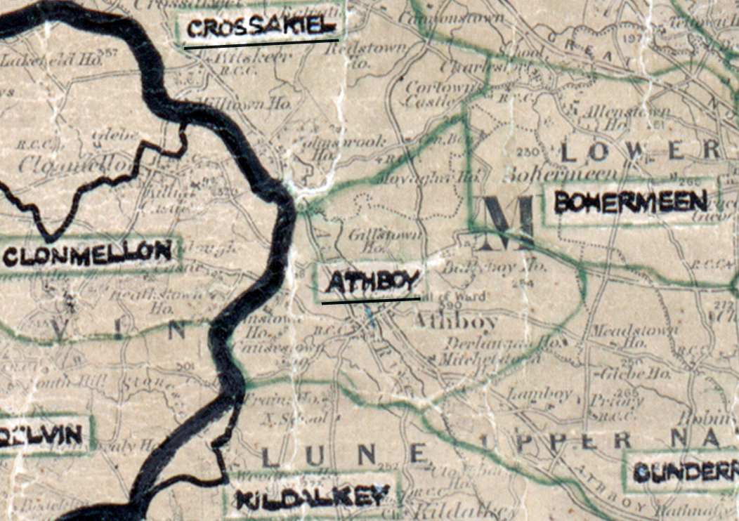 A scanned, worn historical map from the 1940s of the  	rural electrification area around Athboy. A hand‑drawn boundary outlines the region, including Crossakiel, Clonmellon, Bohermeen, Listowel, Lixnaw and Kildalkey.