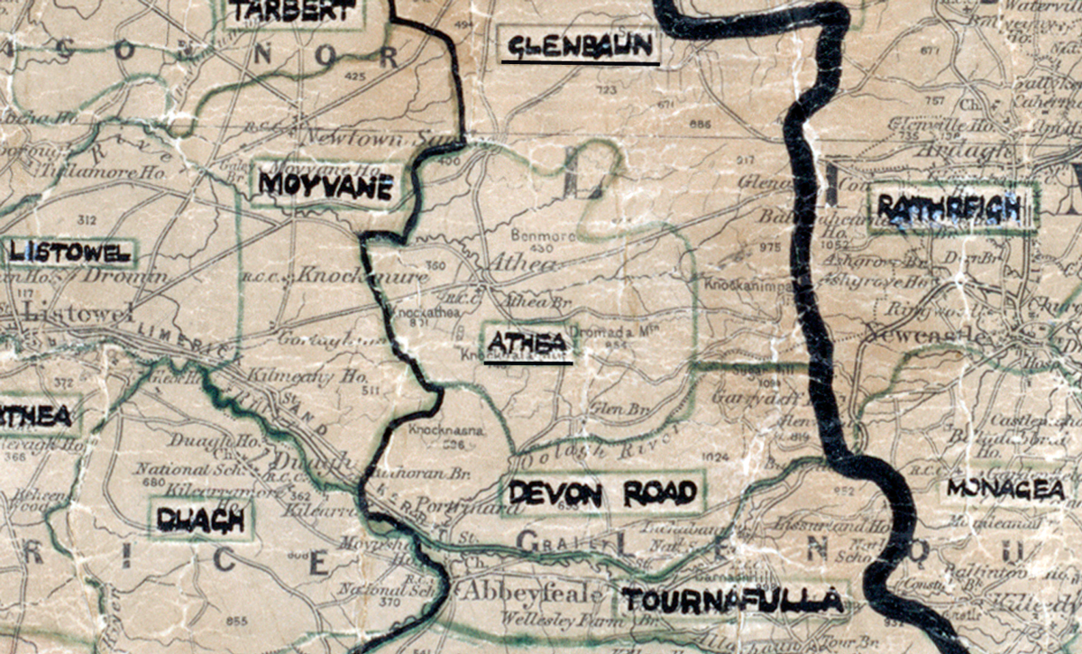 A scanned, worn historical map from the 1940s of the  rural electrification area around Athea. A  hand‑drawn boundary outlines the region.