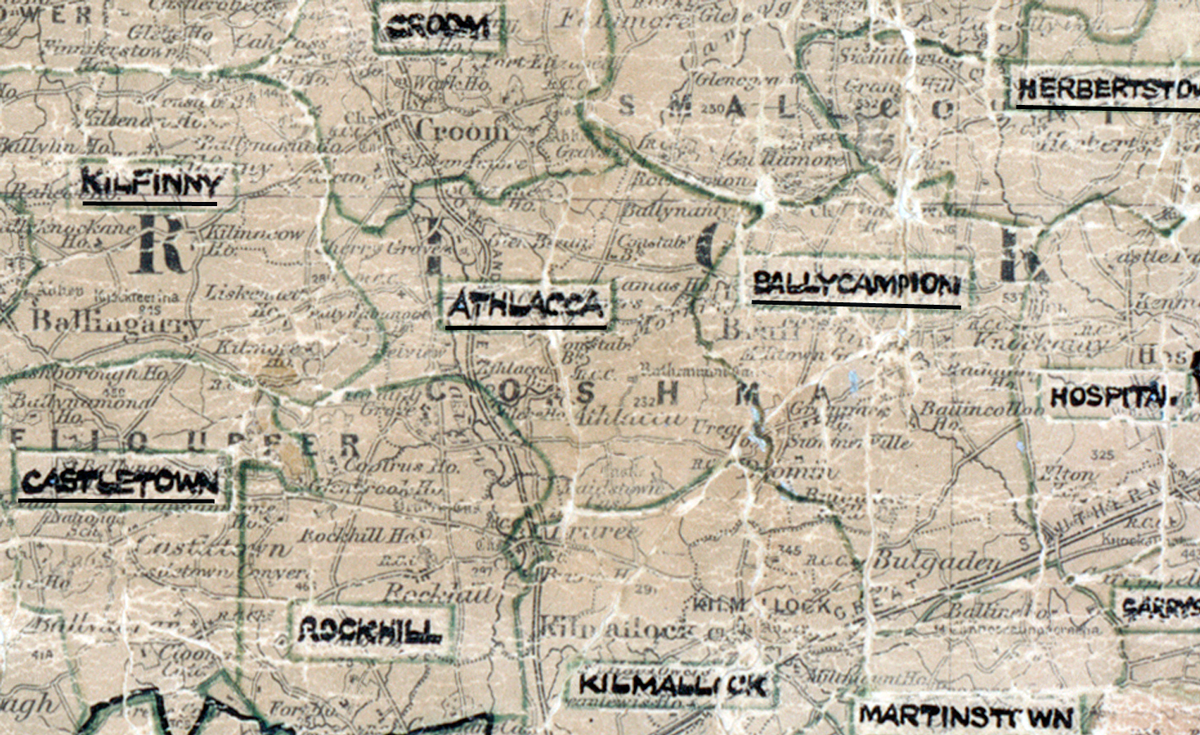 A scanned, worn historical map from the 1940s of the  rural electrification area around Athlacca. A  hand‑drawn boundary outlines the region