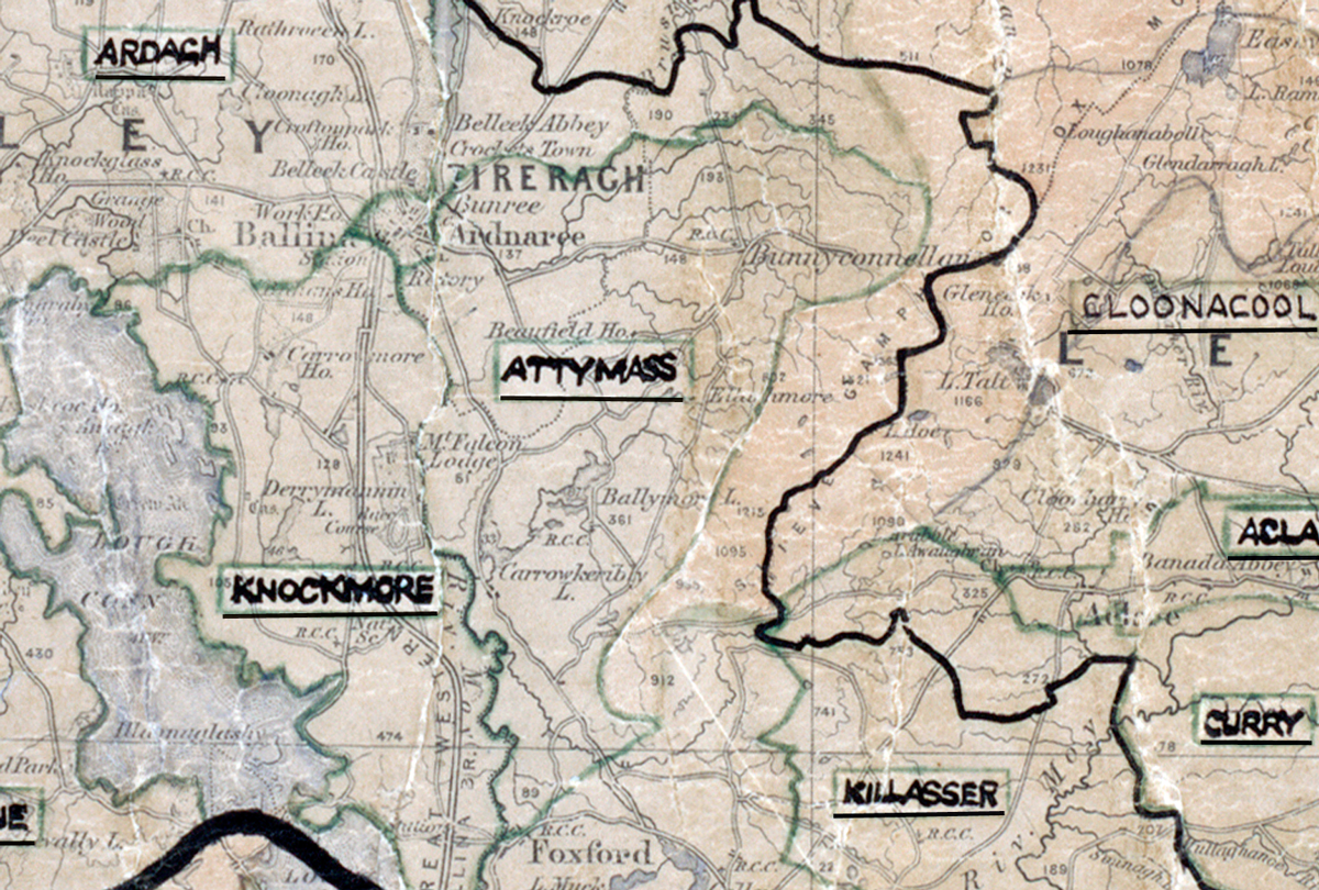 A scanned, worn historical map from the 1940s of the rural electrification area around [Area Name]. A hand‑drawn boundary outlines the region, including Knockmore and KIllasser.