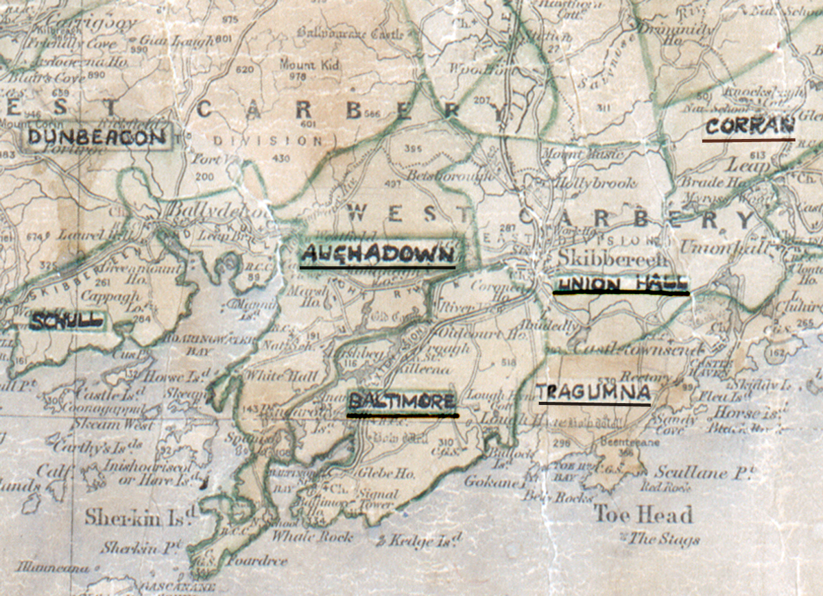 A scanned, worn historical map from the 1940s of the  rural electrification area around Aughadown. A hand‑drawn boundary outlines the region, including Dunbeacon, Schull, Corran, Union Hall, Baltimore and Tragumna.