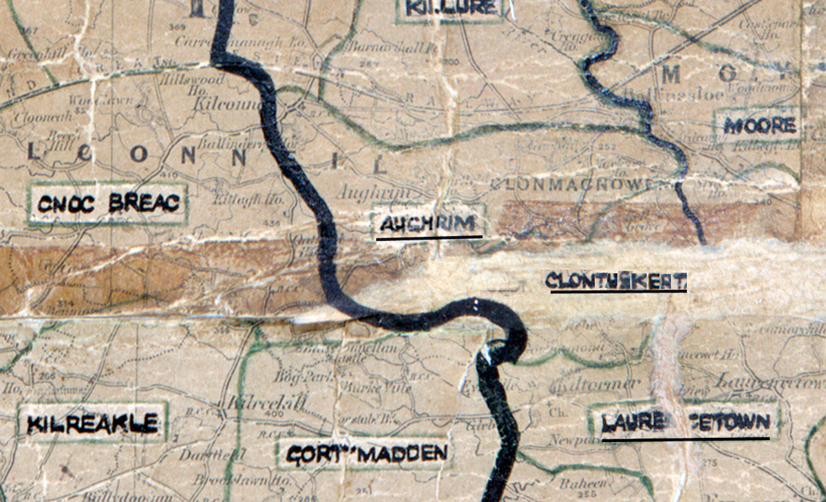 A scanned, worn historical map from the 1940s of the  rural electrification area around Aughrim. A  hand‑drawn boundary outlines the region.