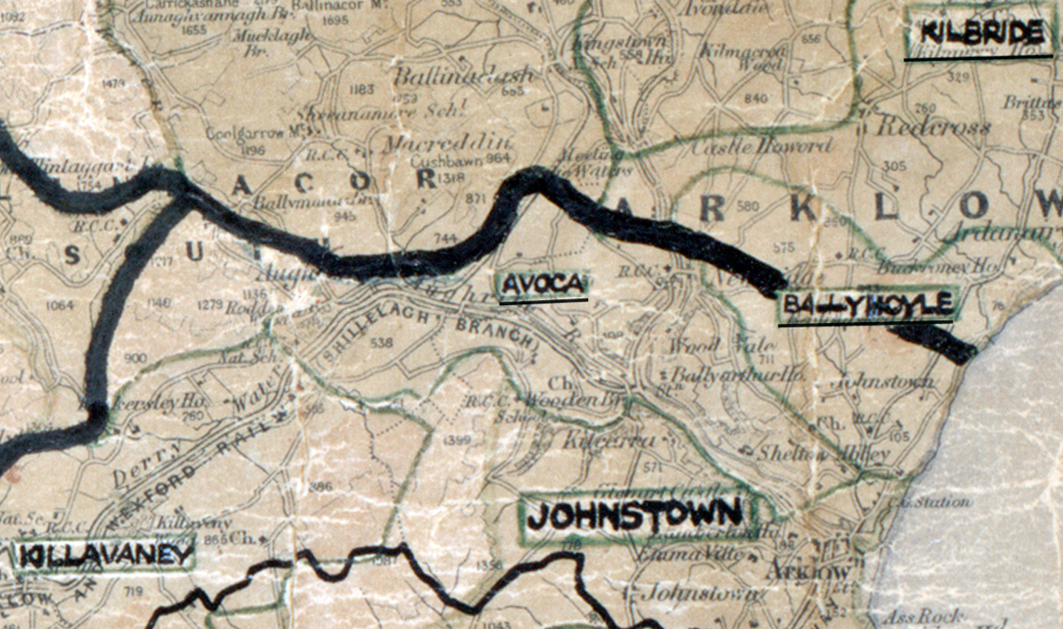 Map extract showing rural electrification areas in County Wicklow, including Ballymoyle, Avoca, Johnstown and Kilavaney.
