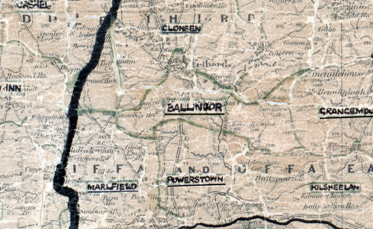 A scanned, worn historical map from the 1940s of the rural electrification area around Balincor. A hand‑drawn boundary outlines the region, including Marlfield.
