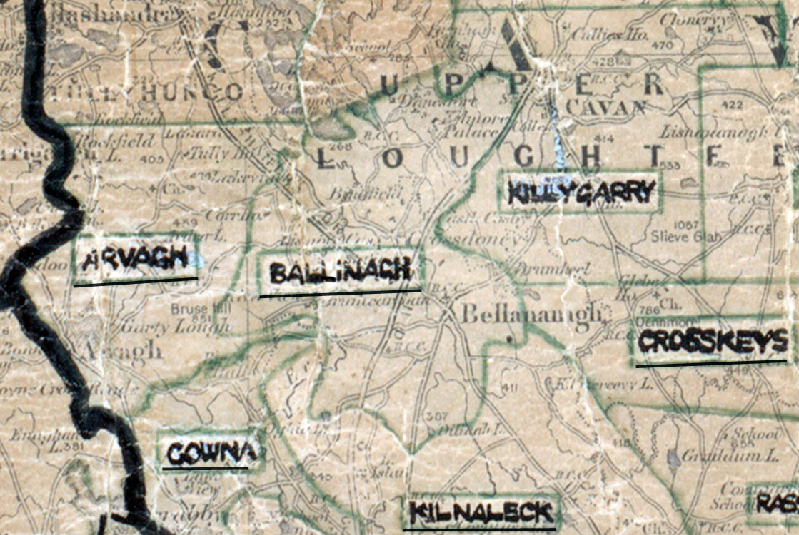 A scanned, worn historical map from the 1940s of the  rural electrification area around Ballinagh. A  hand‑drawn boundary outlines the region.