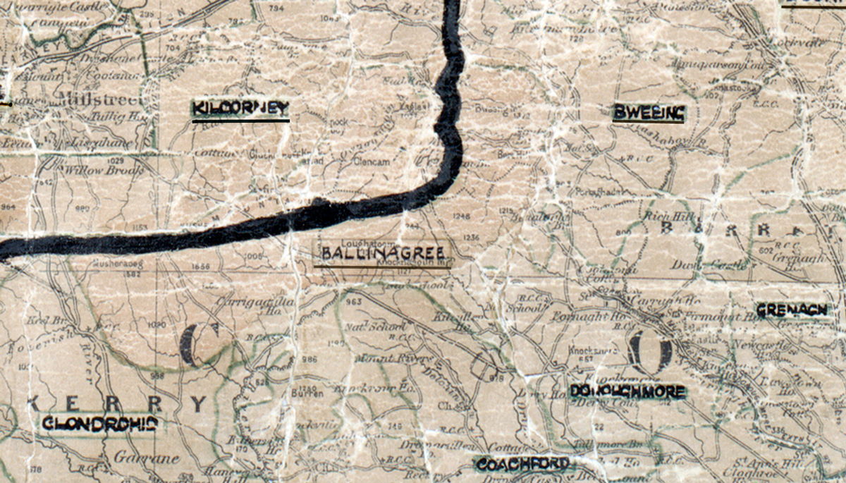 A scanned, worn historical map from the 1940s of the  rural electrification area around Ballinagree. A hand‑drawn boundary outlines the region, including Kilcorney, Bweeng, Clondrohid, Coachford, Grenagh and Donoughmore.