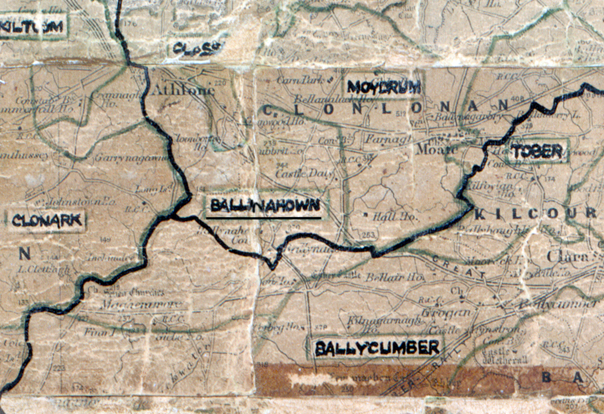 A scanned, worn historical map from the 1940s of the  rural electrification area around Ballinahowan. A  hand‑drawn boundary outlines the region.