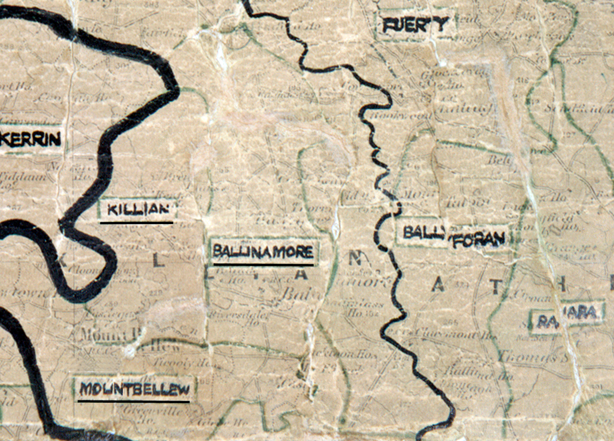 A scanned, worn historical map from the 1940s of the  rural electrification area around Ballinamore. A  hand‑drawn boundary outlines the region.