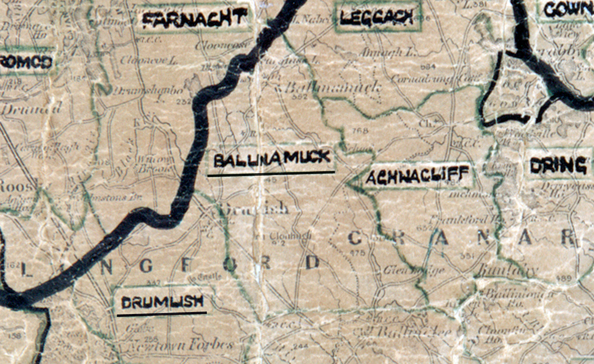 A scanned, worn historical map from the 1940s of the  rural electrification area around Ballinamuck. A  hand‑drawn boundary outlines the region.