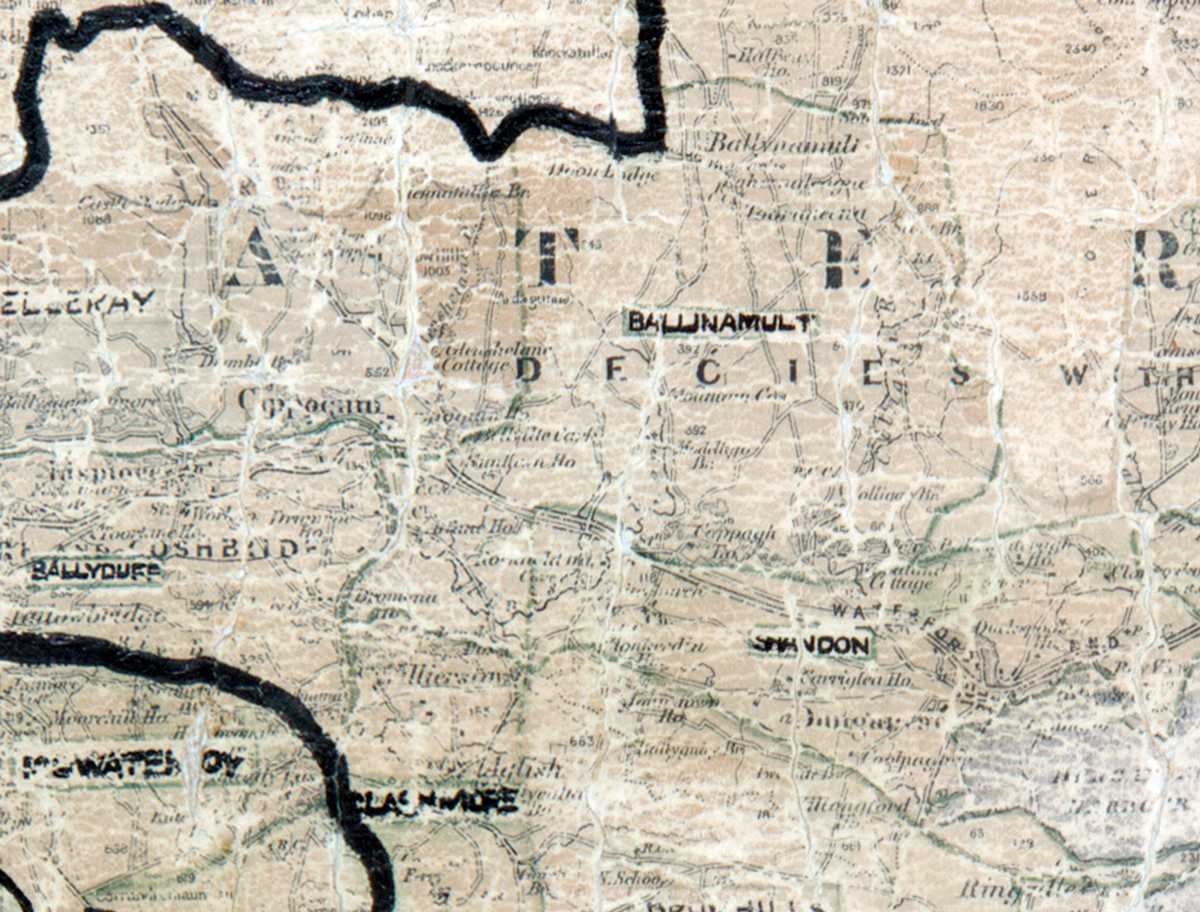 A scanned, worn historical map from the 1940s of the  rural electrification area around Ballinamult. A  hand‑drawn boundary outlines the region.