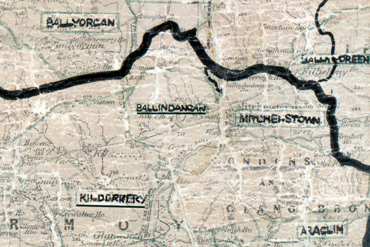 A scanned, worn historical map from the 1940s of the  rural electrification area around Ballindangan. A hand‑drawn boundary outlines the region, including Ballyorcan, Mitchelstown, Crossmahon, Ballineen, Kildorrery and Araglin.