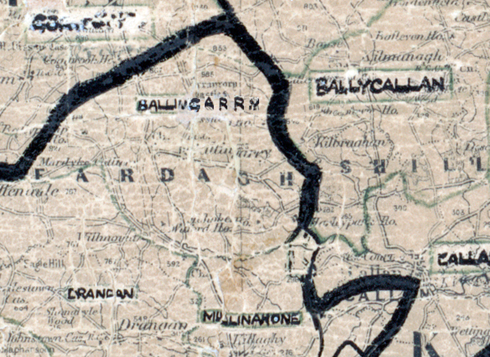 A scanned, worn historical map from the 1940s of the rural electrification area around Ballingarry. A hand‑drawn boundary outlines the region, including Ballycallan.