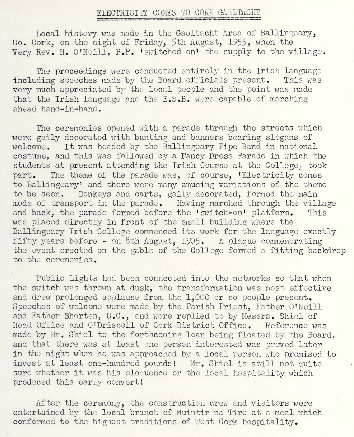 A scanned page from the ESB REO magazine about the Ballingeary Rural Area.