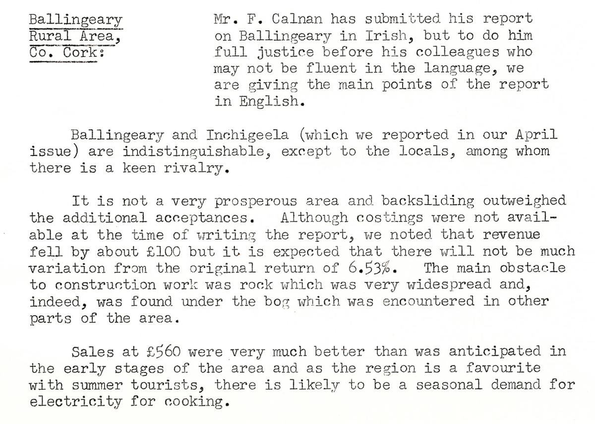 A scanned page from the ESB REO magazine about the Ballingeary Rural Area.