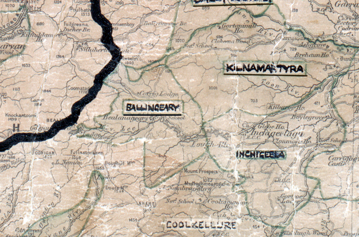 A scanned, worn historical map from the 1940s of the  rural electrification area around Ballingeary. A hand‑drawn boundary outlines the region, including Kilnamartyra and Inchigeela.