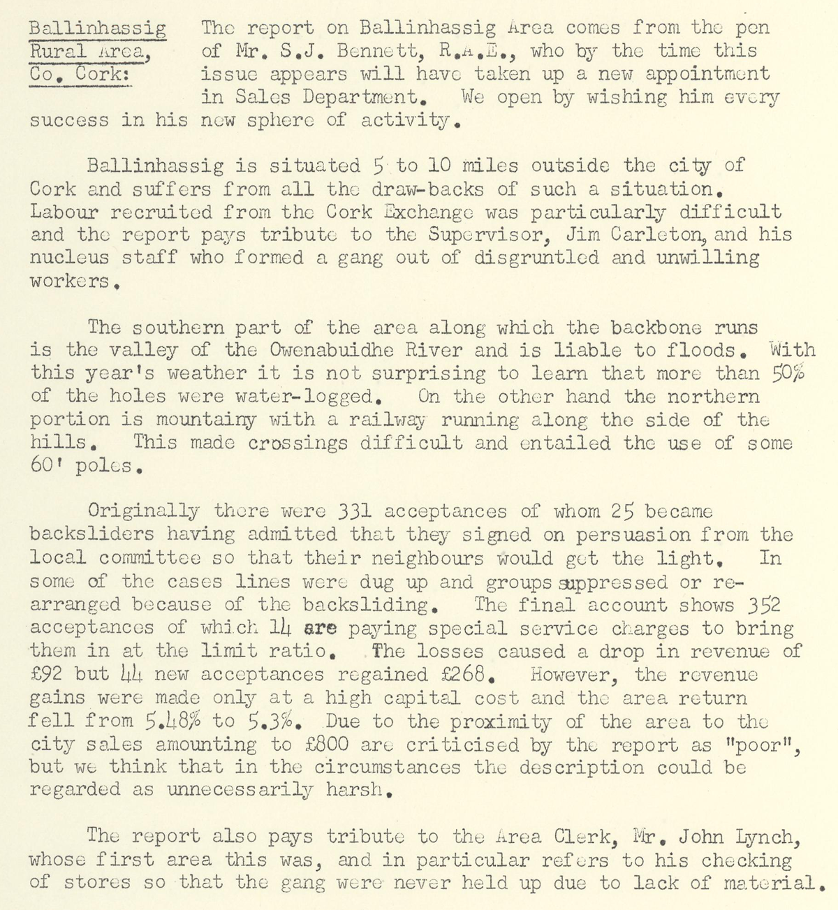 A scanned page from the ESB REO magazine about the Ballinhassig Rural Area.
