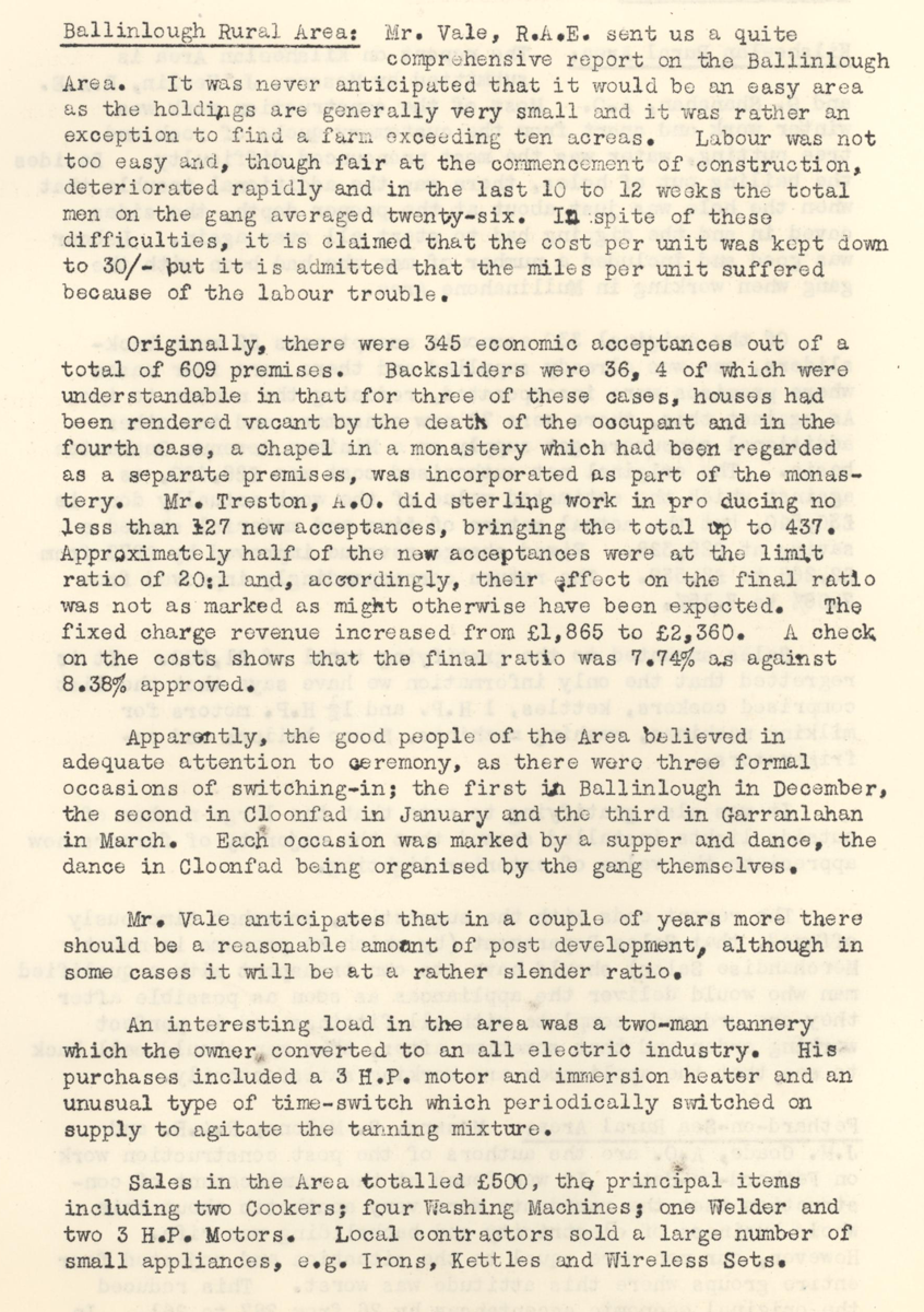 A scanned page from the ESB REO magazine about the Ballinlough Rural Area.