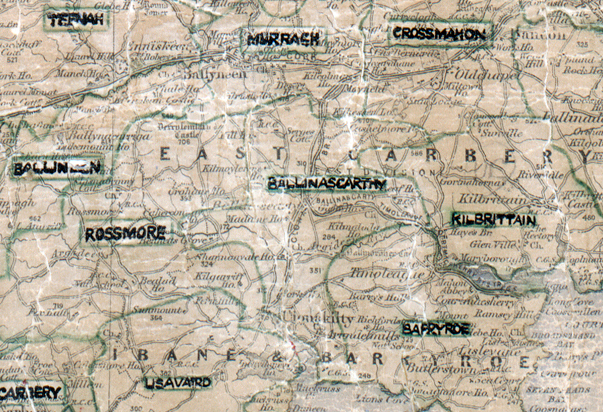 A scanned, worn historical map from the 1940s of the  rural electrification area around Ballinascarthy. A hand‑drawn boundary outlines the region, including Teenah, Murragh, Crossmahon, Ballineen, Rossmore, Lisavaird, Ballyhoe and Kilbrittain.