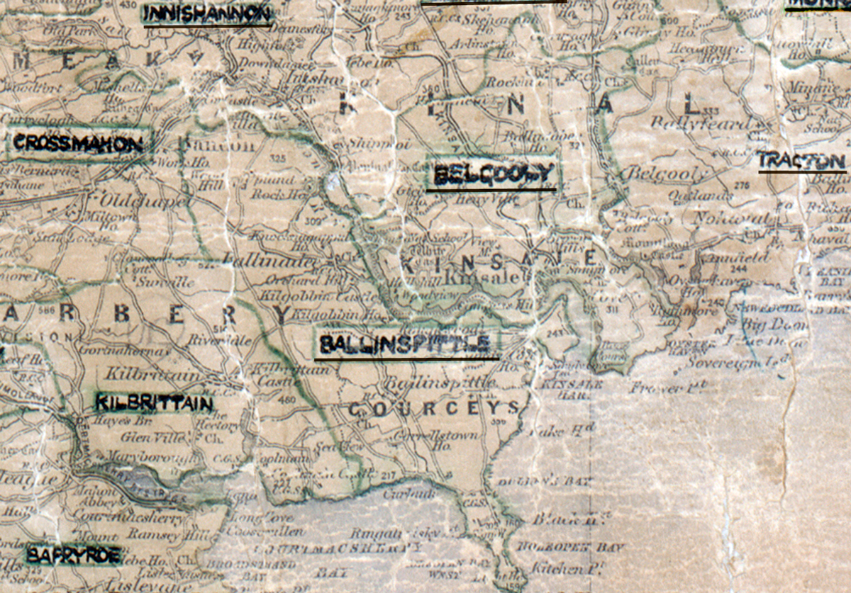 A scanned, worn historical map from the 1940s of the  rural electrification area around Ballinspittle. A hand‑drawn boundary outlines the region, including Innishannon, Crossmahon, Belgooly, Tracton, Kilbrittain and Barryroe.