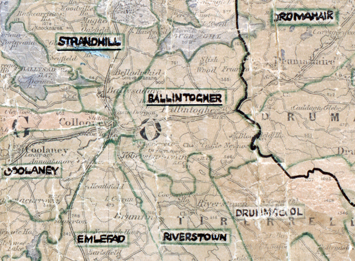 A scanned, worn historical map from the 1940s of the rural electrification area around Ballintogher. A hand‑drawn boundary outlines the region, including Riverstown and Emlefad.